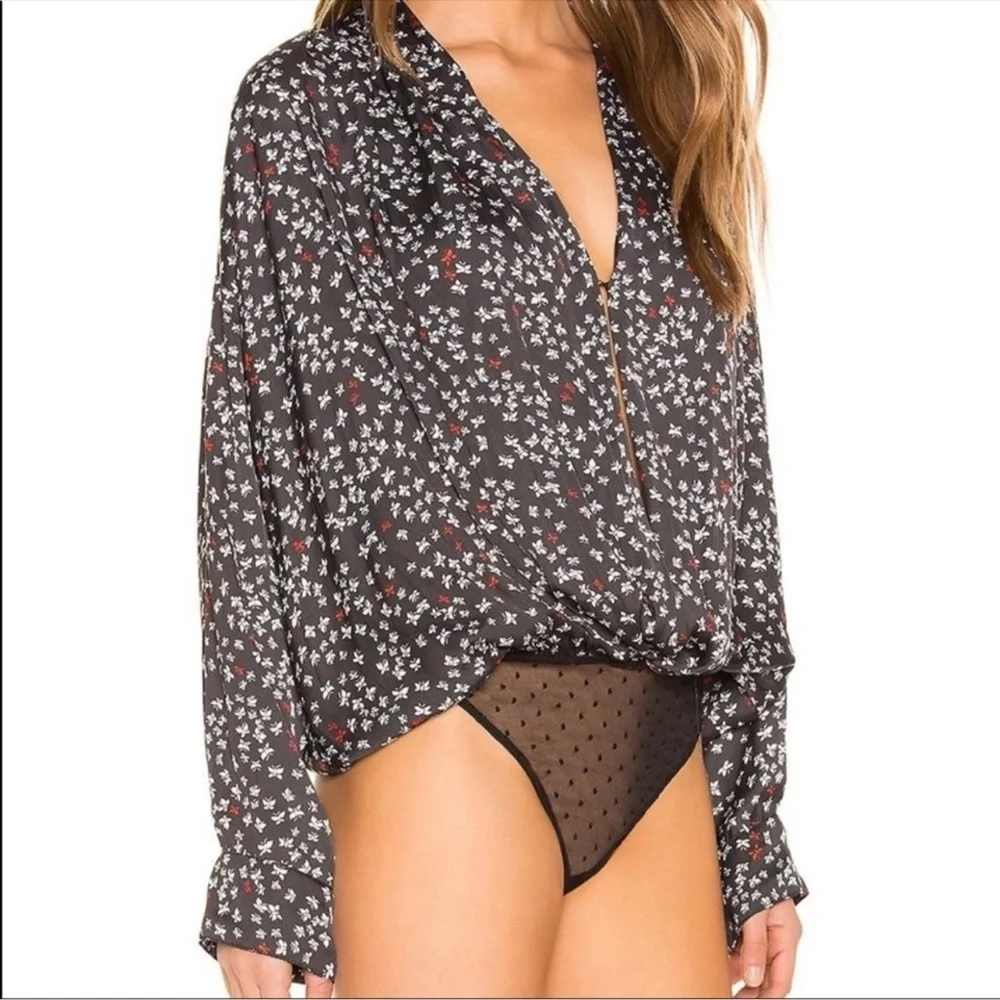 NWT Free people ladylike carbon combo floral black white long sleeve bodysuit M